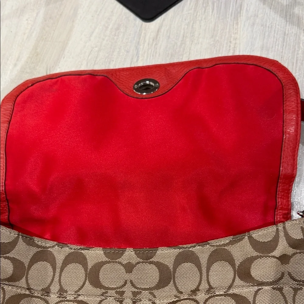 Coach Coral Red and Tan Signature Shoulder Bag